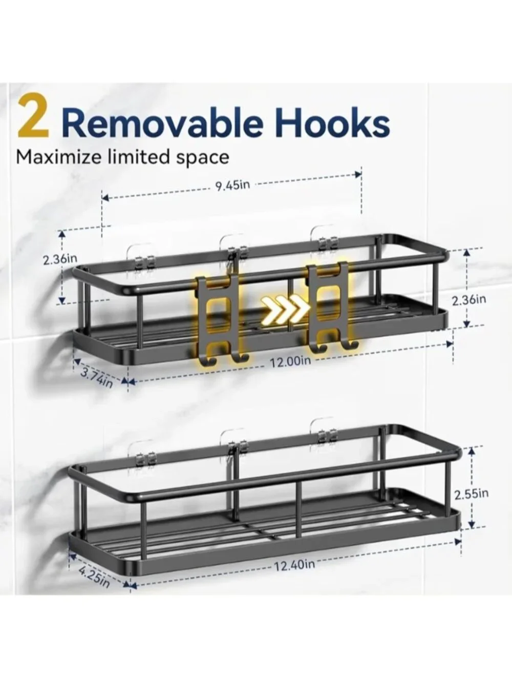 Shower Caddy Adhesive 2-Pack Rustproof No-Drill Bathroom Organizer Shelves Blac